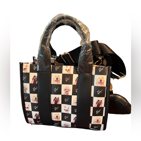 Betsey Johnson NWT Black White Checkered Dog Satchel Crossbody Purse (J - Picture 2 of 15